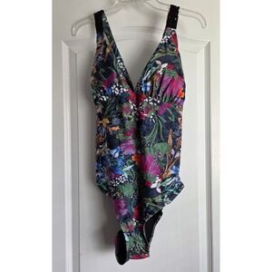 Dijon Black Tropical Floral Print V-neck Adj Tie Back One Piece Swimsuit Size XL